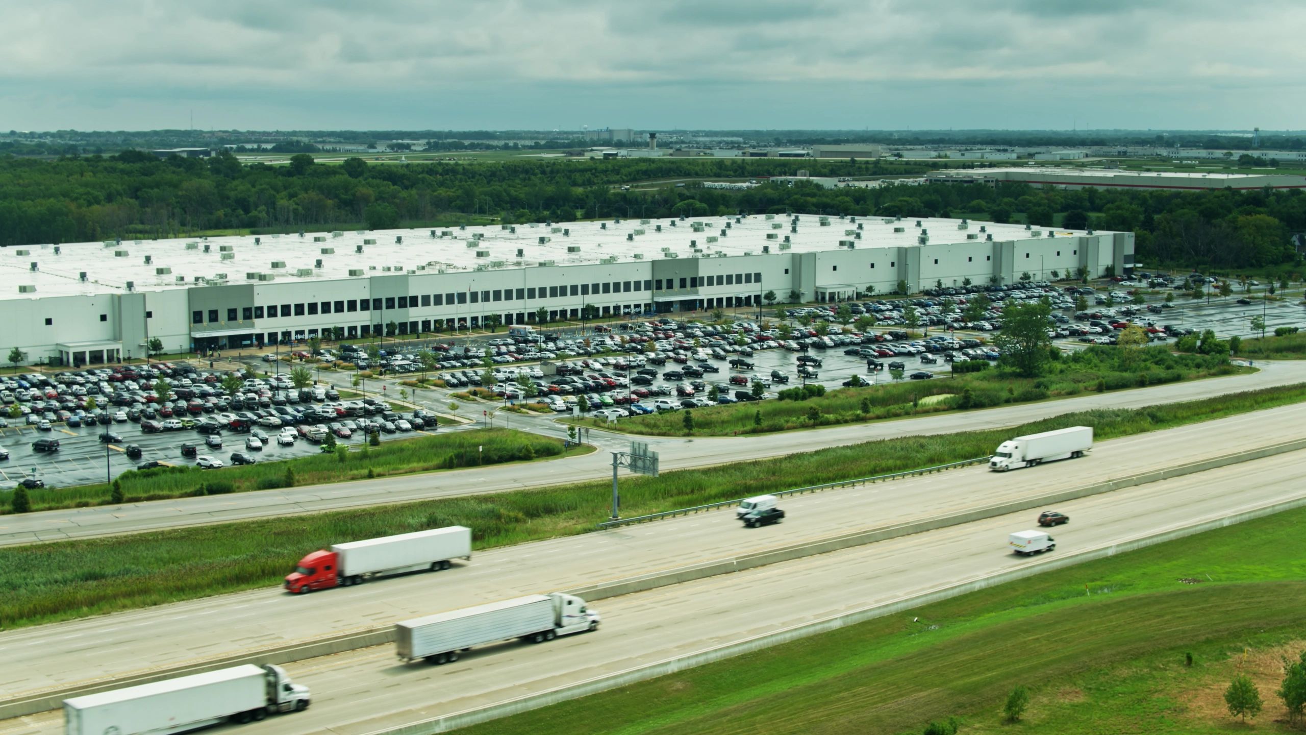 Aerial view of logistics and distribution area near highway